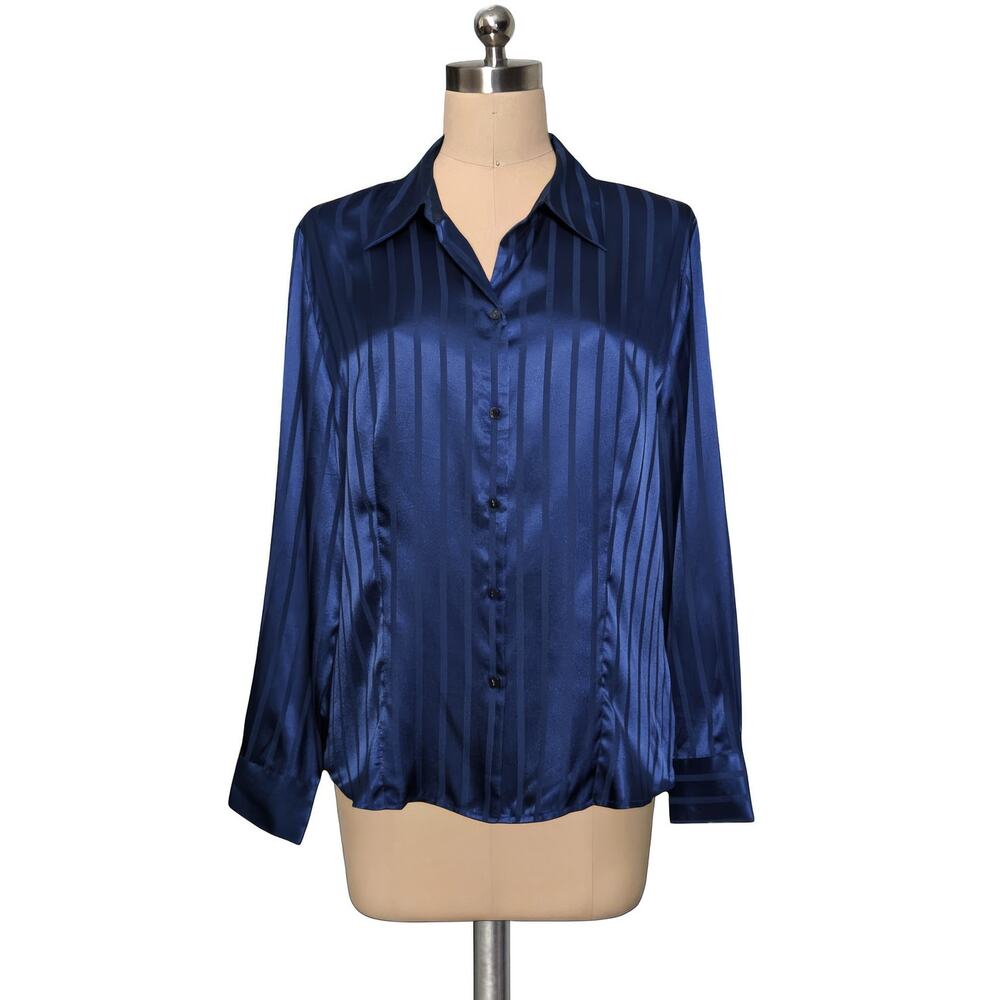 Y2k 90's Vintage COVINGTON Dark Blue Button Up Shirt Blouse Top Petite XL P